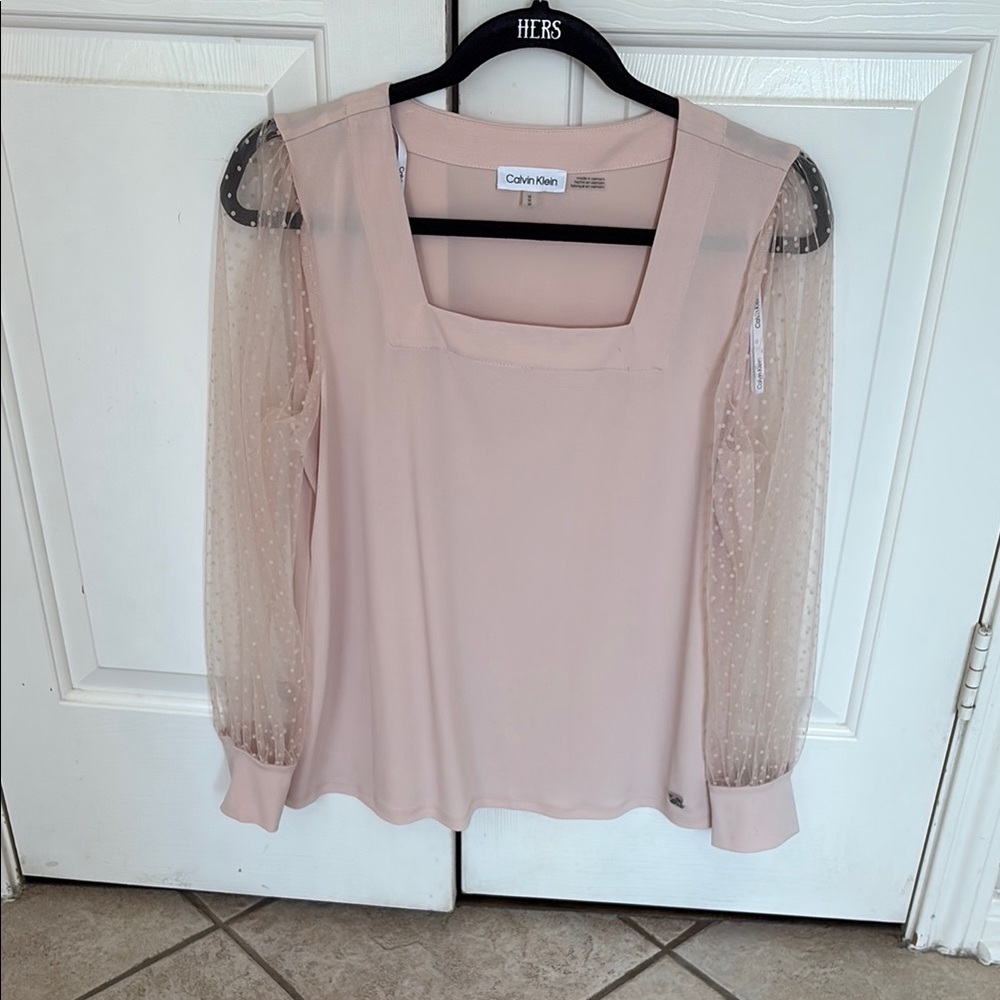 MWOT Calvin Klein Women's Blush Blouse with Sheer Sleeves, L